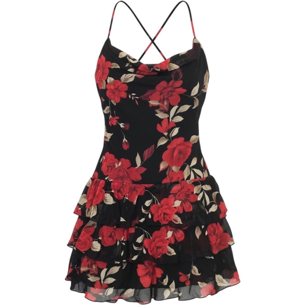 Rampage Floral Rose Cowl Neck Ruffle Mini Dress Black Red M